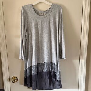 LOGO by Lori Goldstein Light Gray and Charcoal Layered Lace Hem Tunic